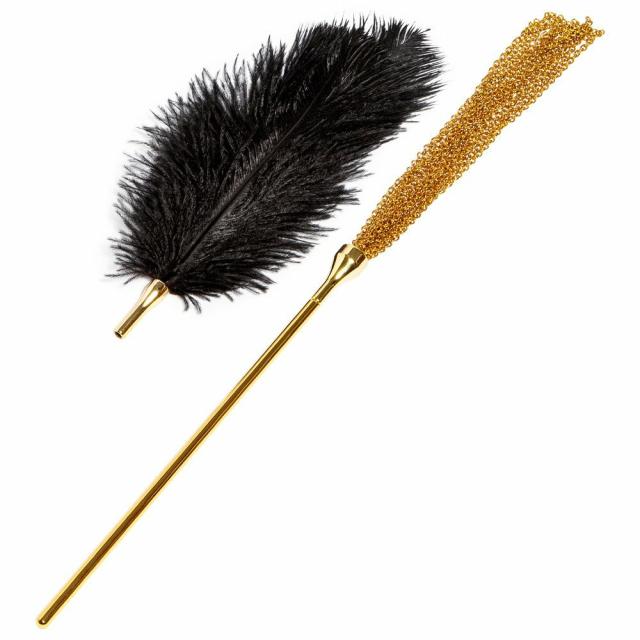 2-In-1 Ostrich Feather Tickler & Gold Chain Flogger Bondage & Fetish