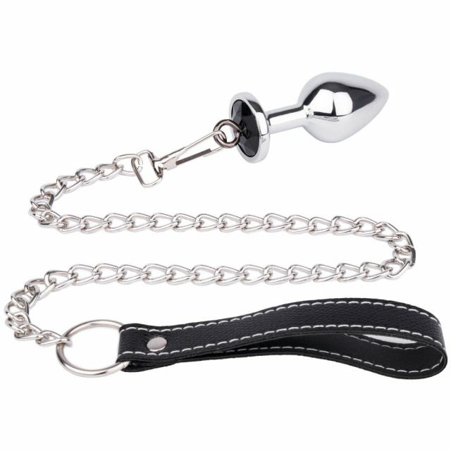 Bejewelled Black Metal Butt Plug With Leash – 3.2 Inch Bondage & Fetish