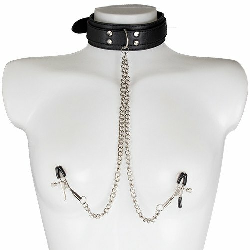 Black Collar With Nipple Clamps Bondage & Fetish