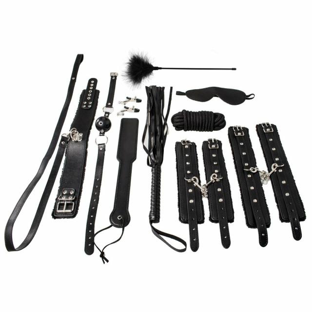 Black Faux Leather Furry 10 Piece Bondage Set Bondage & Fetish