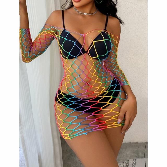 Flirt Rave Babe Rainbow Longsleeve Bodystocking Dress Lingerie & Underwear