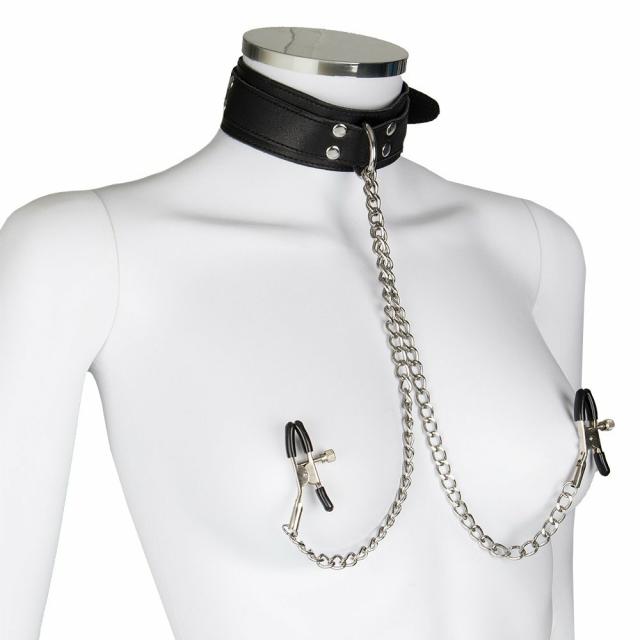 Leather Collar With Nipple Clamps Bondage & Fetish