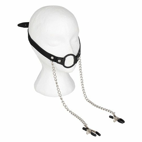 Leather O-Ring Mouth Gag With Nipple Clamps Ball Gags & Mouth Gags