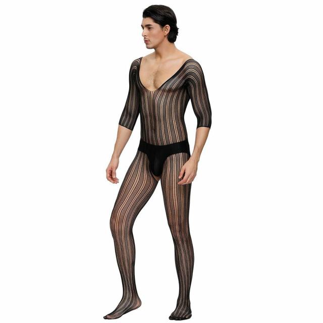 Man Black Striped Crotchless Bodystocking Lingerie & Underwear