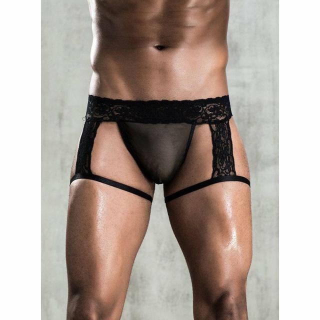 Man Men’S Black Lace Suspender Thong Lingerie & Underwear