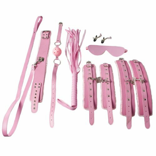 Pink Faux Leather Furry 8 Piece Bondage Set Ball Gags & Mouth Gags