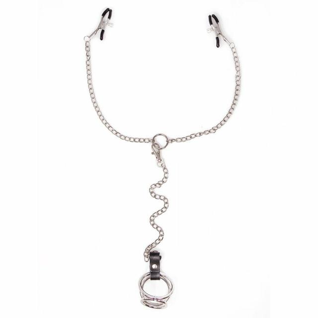 Steel Chain Nipple Clamps & Triple Cock Ring Harness Bondage & Fetish